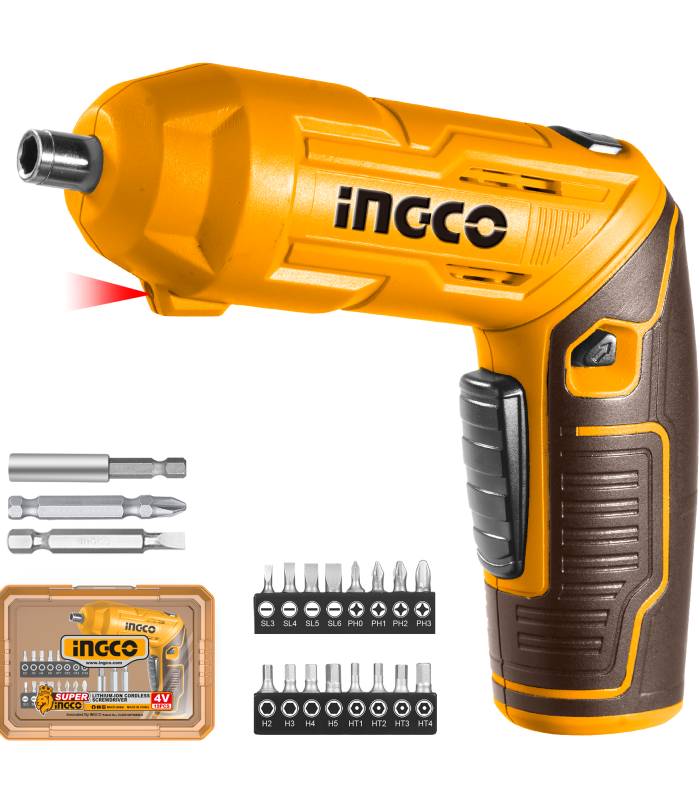 INGCO Cordless Screwdriver, 4 N.m, 240 RPM, LED Light, With 23 PCS Screwdriver Bits