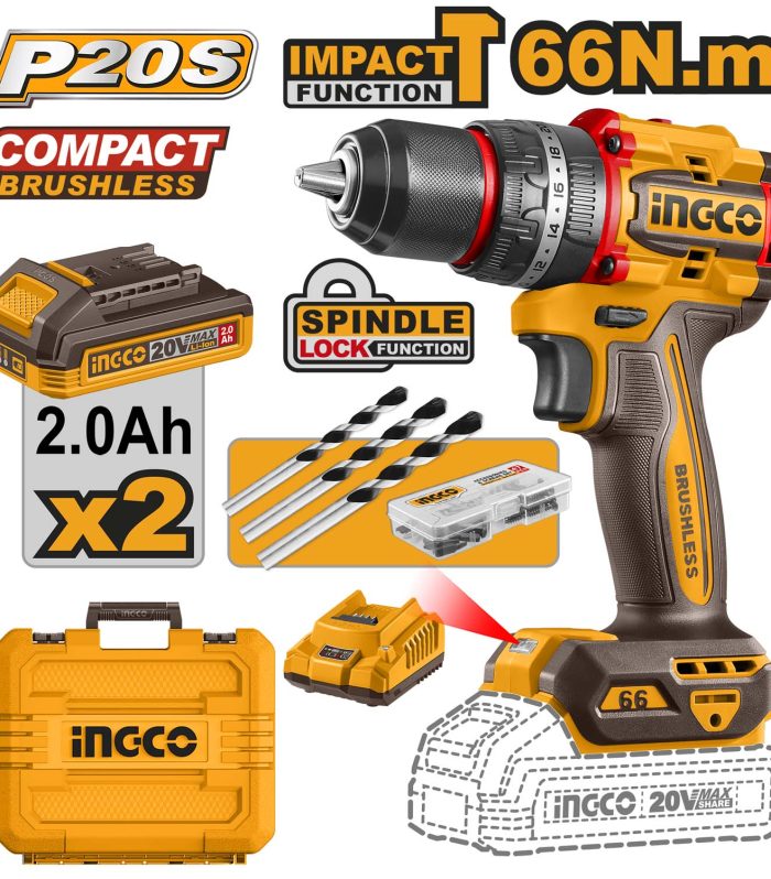 INGCO Cordless Impact Drill, Brushless Motor, 66 Nm, 22+1+1, with Drill Bits, with 2 pcs Batteries and Charger