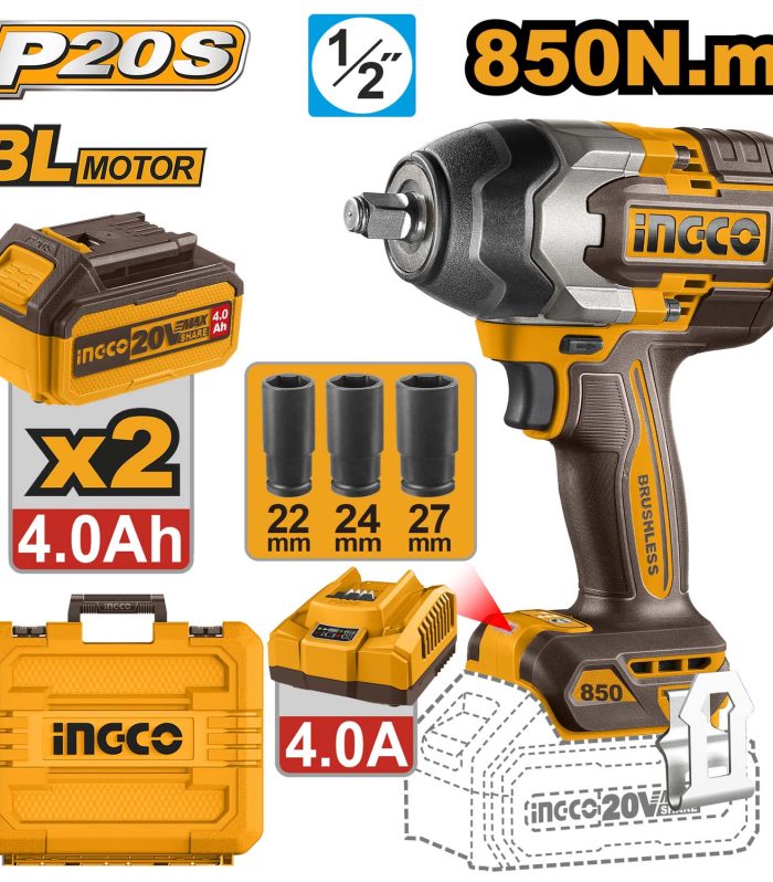 INGCO Cordless Impact Wrench, Fastening torque: 850 Nm, Nut-Busting torque:1000 Nm