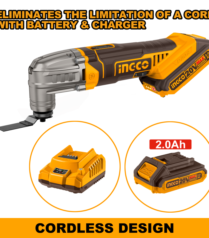 INGCO Cordless Multi Tool, 6 Speed Adjustment, With Blades & Sanding Papers, With Battery & Charger
